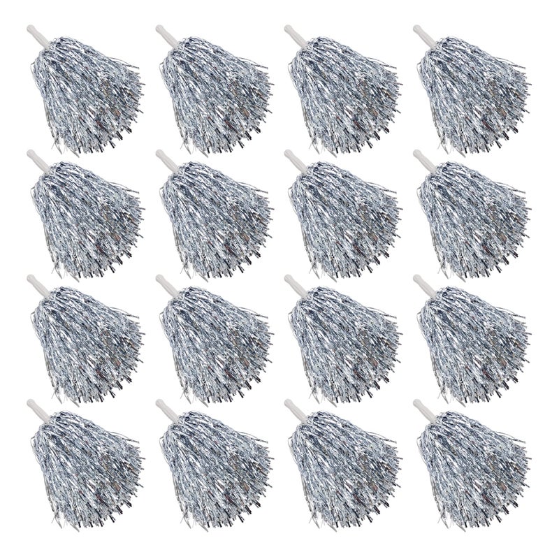 PPXMEEUDC 16PCS Cheerleading Pom Poms Metallic Foil Plastic Pom Poms with Baton Handle for Game Sports Squads Dancing Party Football Basketball Club Spirit Sports Stage Performance Celebration (Silver) - Image 1